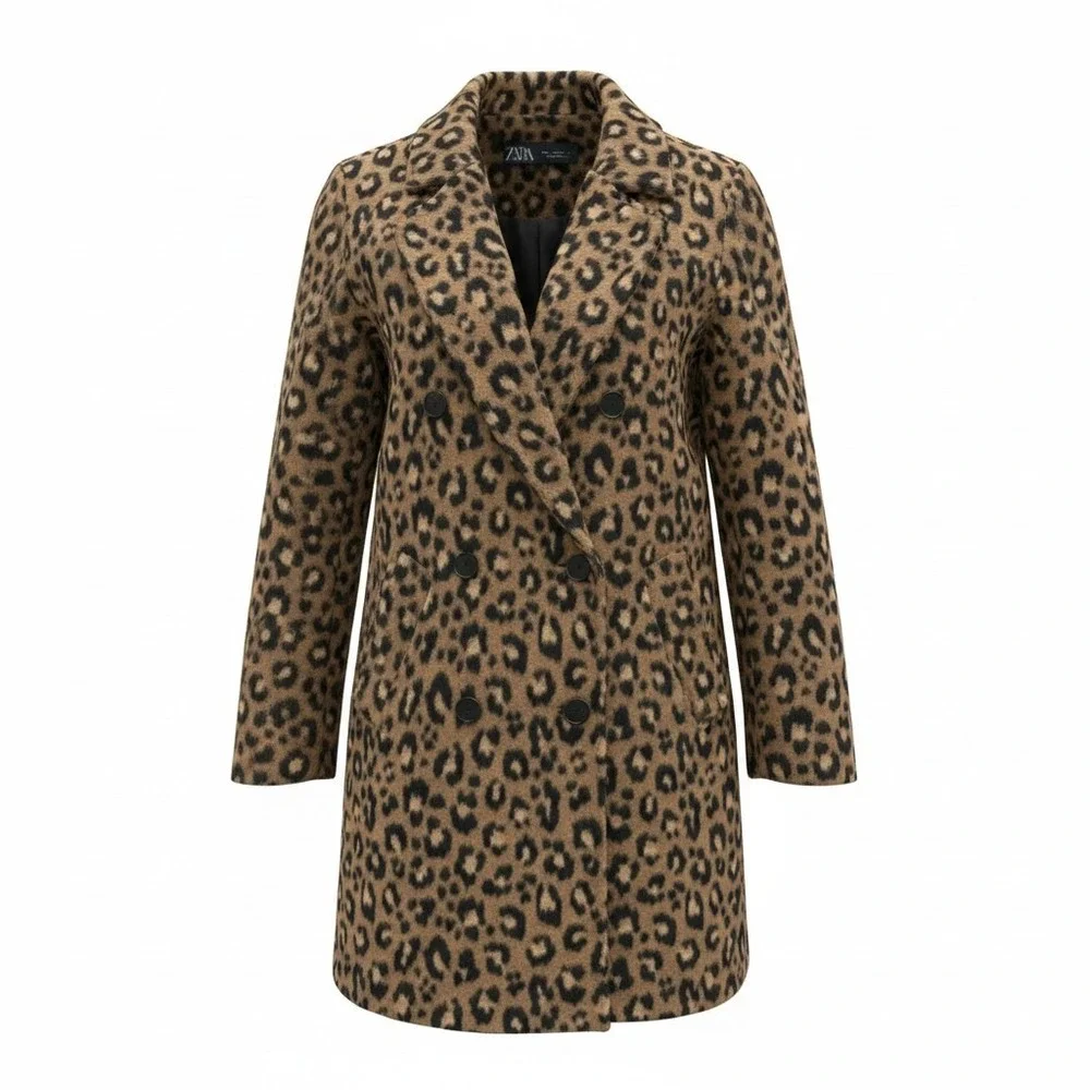 Coat Zara Size XS Womens Brown Excellent Leopard Print Double Breasted 8287/110